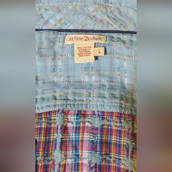 Carbon 2 Cobalt men's cotton reverse plaid beachy button down - Picture 4 of 6
